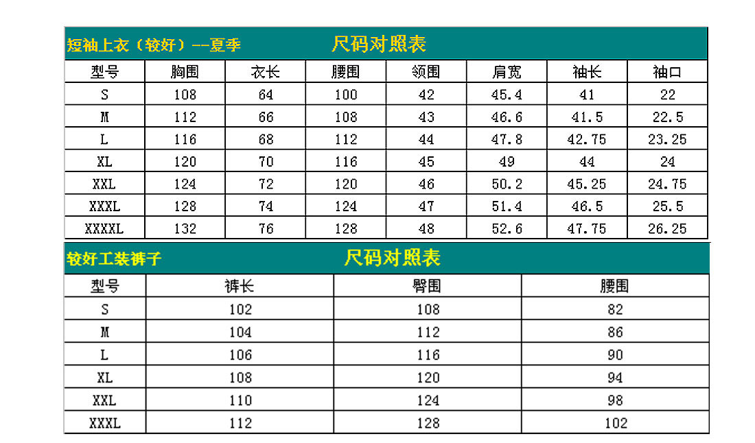 短袖工作服AD114-DX尺寸图