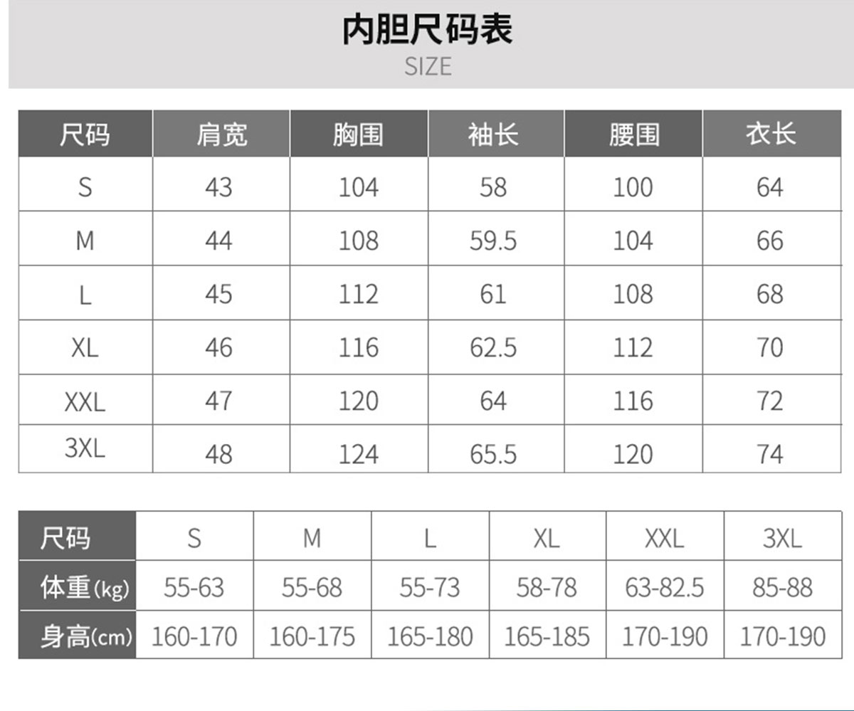 男士冲锋衣尺码表 男士冲锋衣尺码表